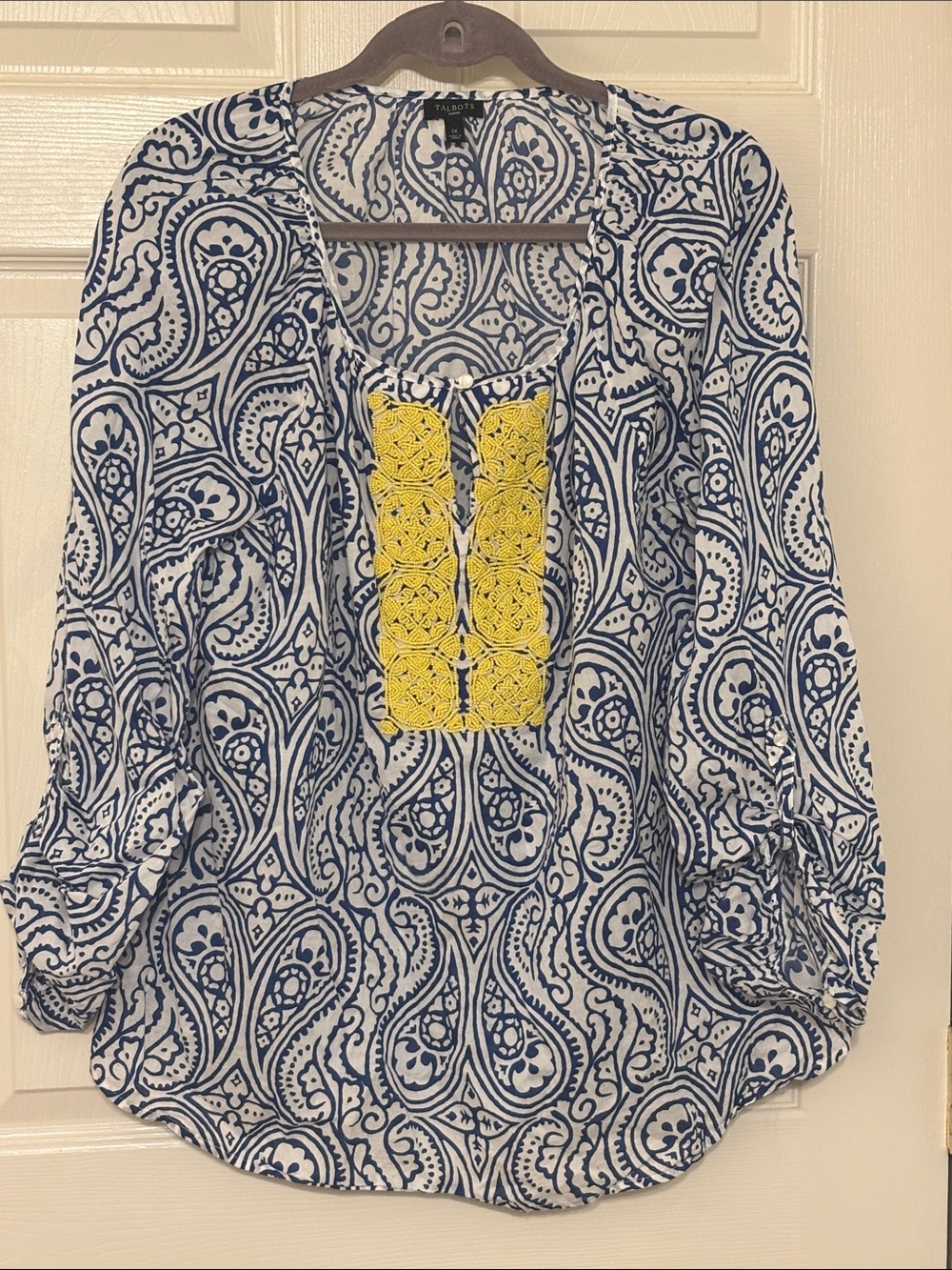 Talbots Blue & White Paisley Cotton Tunic with Yellow Beaded Panel